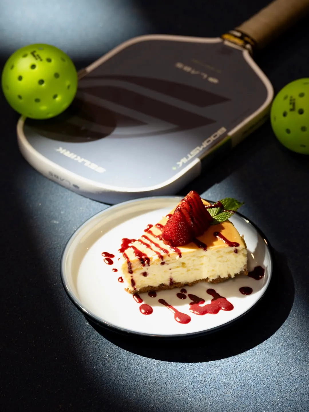 Slice of Italian cheesecake with a fresh strawberry and berry sauce, beside a pickleball paddle