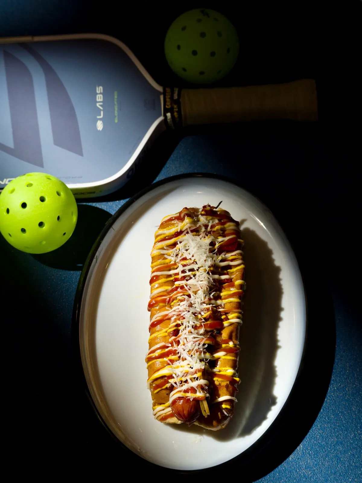 Street Dog drizzled with sauces and topped with grated cheese, next to a paddle and pickleballs